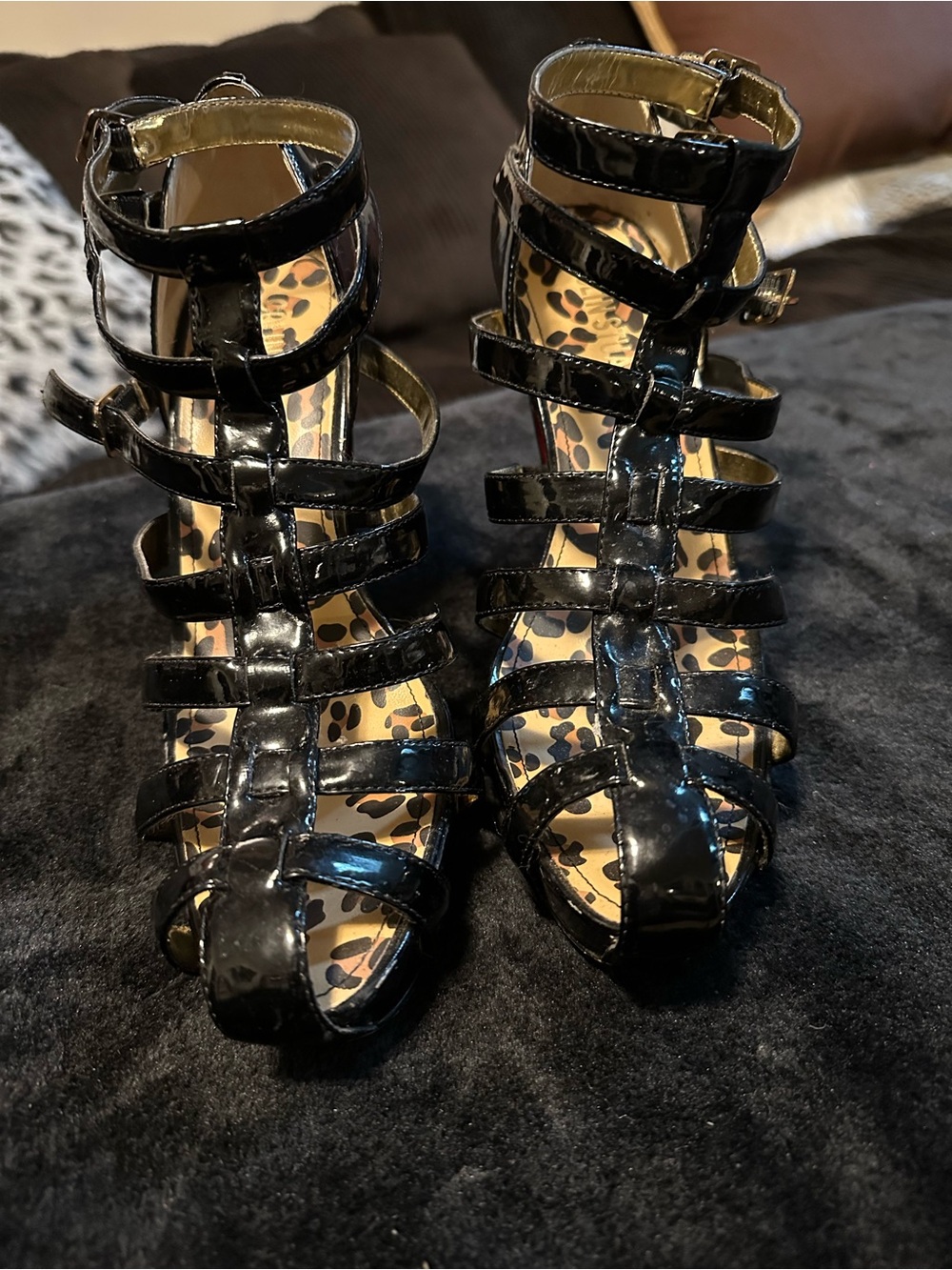 Colin Stuart Black Patent Strappy Sandals with Leopard Insole